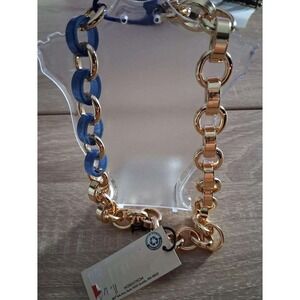 Open Edit Gold Tone and Blue Resin Chunky Link Statement Necklace 16in NWT